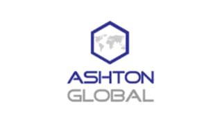 Logo for Ashton Global featuring a hexagon with a world map outline above the company name; "ASHTON" in blue and "GLOBAL" in grey text on a white background.
