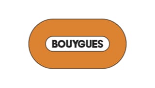 The image shows the Bouygues logo: the word "BOUYGUES" in bold black letters inside a white oval, surrounded by a thick orange border.