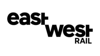 Black text logo reading "east west RAIL" in bold, lower-case and upper-case letters, with the "t" in "east" and "west" aligned vertically.