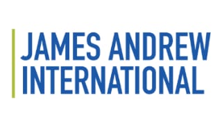 The image shows the logo for "James Andrew International" with the name in blue uppercase letters and a thin vertical green line on the left.