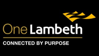 One Lambeth logo with yellow and white text on a black background, featuring abstract yellow shapes and the tagline 'CONNECTED BY PURPOSE'.