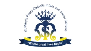 Logo of St Mary’s Priory Catholic Infant and Junior Schools with a blue and yellow crest and the motto “Where great lives begin” on a ribbon below.