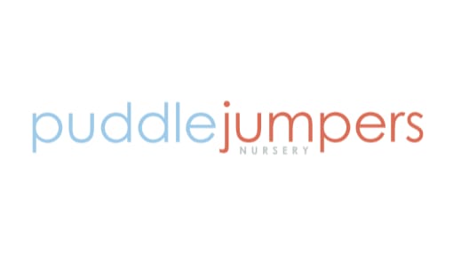 Logo for "Puddle Jumpers Nursery" with "puddle" in light blue, "jumpers" in orange, and "NURSERY" in small, light orange text below "jumpers".