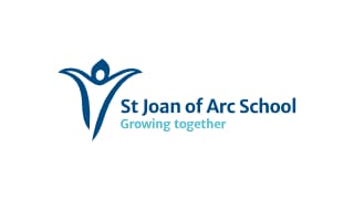 St Joan of Arc School logo with a blue abstract human figure and the tagline "Growing together" below the school name.